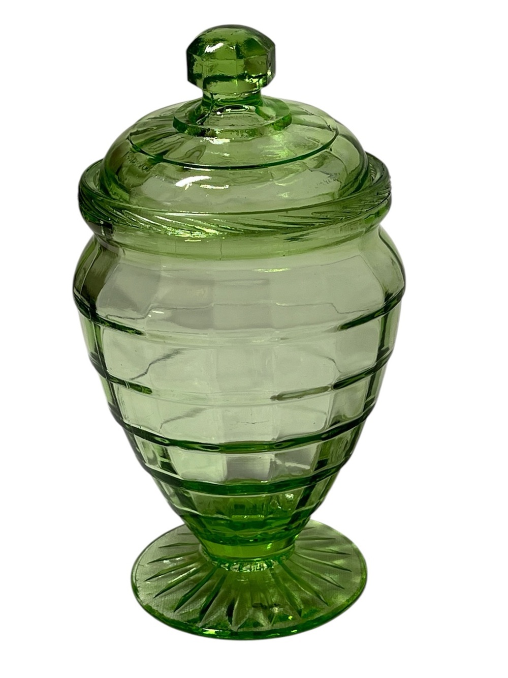 Vintage Anchor Hocking Block Optic lidded candy dish
Uranium depression glass